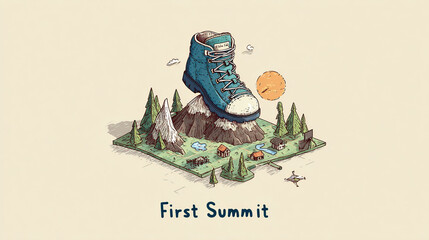 Tiny Hiking Boot Making First Step on Giant Mossy Surface