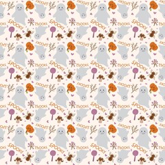 Halloween seamless pattern on cute color background. Halloween characters, ghost, pumpkin, bats print for fabric texture, decoration, wrapping paper.