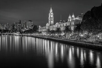 Cityscape at Night Monochrome Reflection