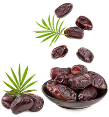 fresh date fruits with green leaves isolated on white background. clipping path