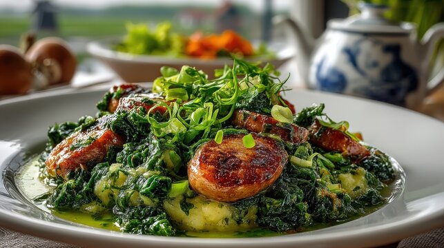 Fresh Dutch stamppot with sausage served in North Holland's picturesque landscape