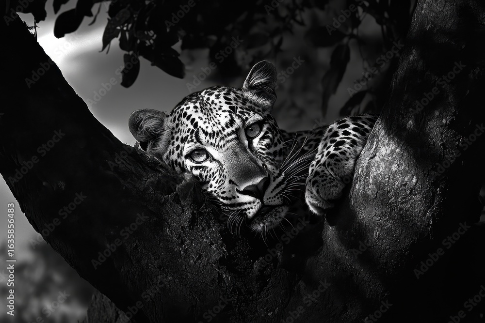 Poster leopard resting elegantly in a tree while enjoying its meal in tsavo, kenya, a leopard eats in a tre