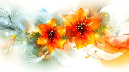 Obraz premium Vibrant abstract floral design: two prominent orange and yellow flowers against a background transitioning from cool blue-green to warm orange-yellow, with swirls, translucent lines, abstract shapes, 