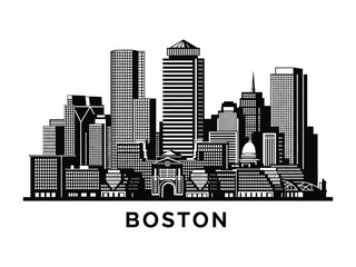 Boston Cityscape Silhouette: A meticulously crafted grayscale cityscape, elegantly portraying Boston's iconic skyline with a minimalist style, showcasing urban beauty and architectural harmony.