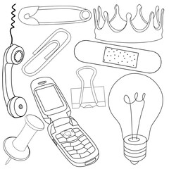 Illustration of various trinkets, black outline, transparent background
