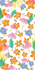 Illustration of a seamless background of various plants and flowers, transparent background
