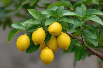 Lemons hang among green leaves on a branch the yellow fruit dominating the scene