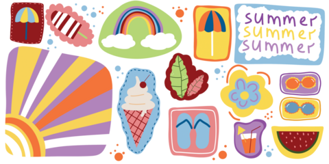 Illustration of a summer set, summer mood, vacation attributes, bright colors, transparent background
