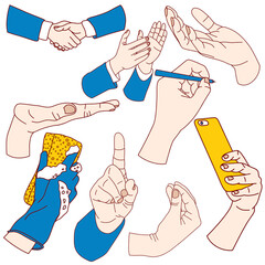 Illustration of human hands showing different gestures, cartoon style, bright colors, transparent background
