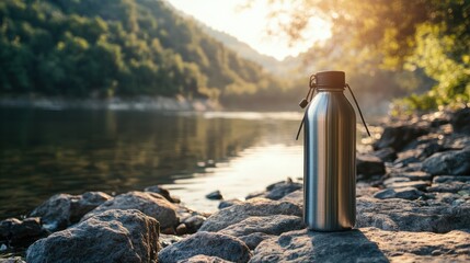 Metal water bottle on rocks by a serene river. Sunlight streams over a tranquil mountain landscape