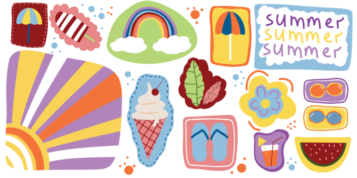 Illustration of a summer set, summer mood, vacation attributes, bright colors, transparent background
