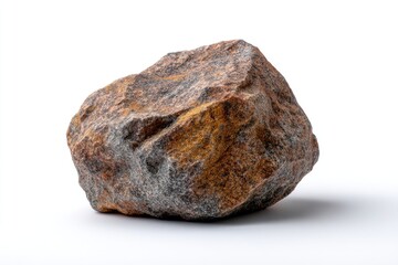 Mottled boulder with grey and orange hues sits on a bright white surface casting a subtle shadow