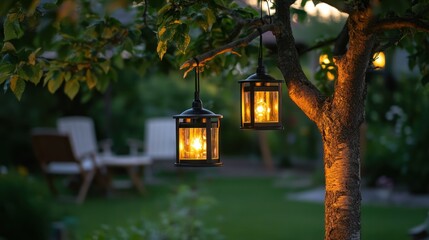 Two hanging lanterns illuminate a garden at dusk