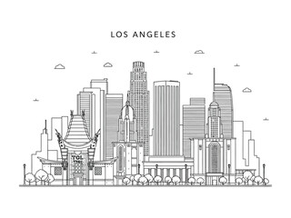 Los Angeles Skyline in Monochrome: A captivating monochrome line art illustration showcases the iconic skyline of Los Angeles, California.
