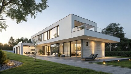 Obraz premium Modern villa with minimalist architecture and luxury exterior design near sea