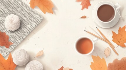 Autumnal craft scene with yarn, leaves, and drinks