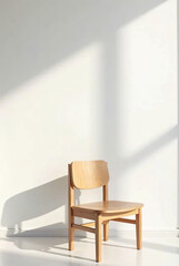 Fototapeta premium A modern minimalist wooden chair placed in front of a plain white wall