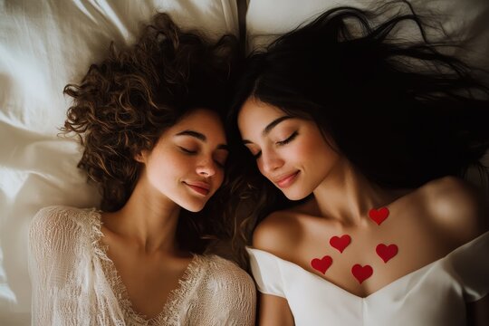 Diverse female couple sleeping peacefully with floating hearts above them in a cozy bedroom atmosphere, hearts floating over diverse female couple sleeping - Powered by Adobe