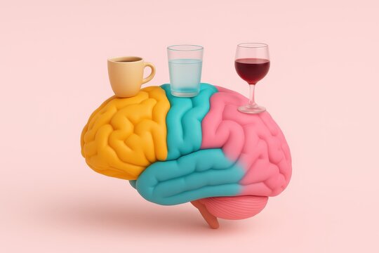 Colorful brain model with drinks highlighting creativity in a fun setting