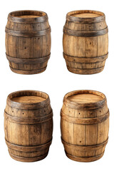 Four wooden barrels, top and bottom views.  Dark brown, aged wood.  Circular shape.  Stacked