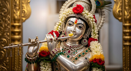 Fototapeta premium Silver Krishna Statue Playing Flute: Divine Music
