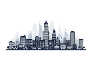 Naklejka premium Urban Silhouette: A modern city skyline emerges against a clear backdrop, featuring detailed skyscraper designs and buildings. The monochrome aesthetic lends a sleek, contemporary feel.