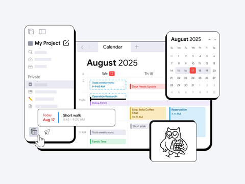 Digital Calendar interface for scheduling events and tasks. Modern productivity Planner with weekly and monthly views. Layout for time management applications of a digital interface with popup windows