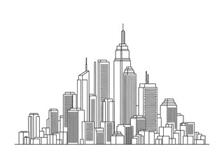Fototapeta premium Cityscape of the Modern Age: A captivating artistic line drawing showcases an impressive urban landscape, filled with a variety of skyscrapers, exuding an aura of urban sophistication and grandeur.