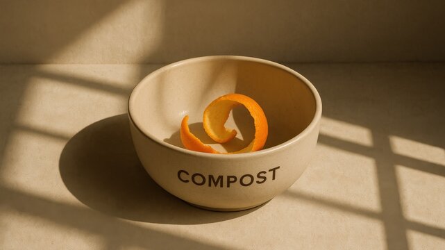 Compost bowl with orange peel spiral reflecting natural food waste management techniques - Powered by Adobe