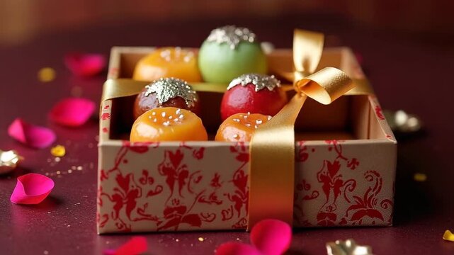 Colorful Indian sweets in decorative box with floral accents  