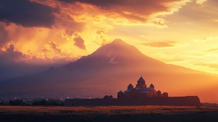 Dramatic sunset over mountain and ancient church