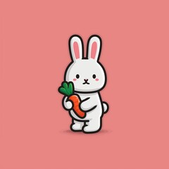 Fototapeta premium Cute cartoon rabbit holding a carrot in a simple flat vector style with pink and light purple background, kawaii design with bold shapes,white border, and vibrant playful character illustration