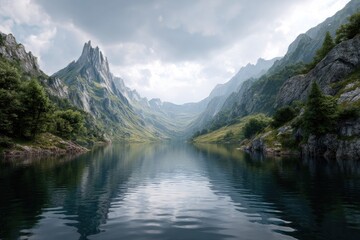 Serene valley with still lake reflecting majestic mountains under cloudy sky