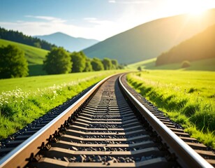 Fototapeta premium Railroad track through lush green landscape
