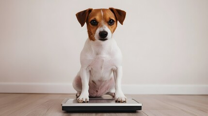Jack Russell terrier sits patiently on a bathroom scale for a health and wellness check up at the vet's office.