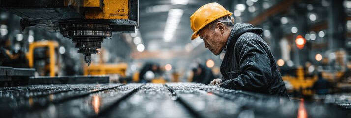 Metal worker inspects cnc machine at work in a factory producing precision parts using industrial cutting machines