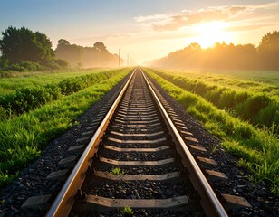 Railroad tracks at sunrise through a field