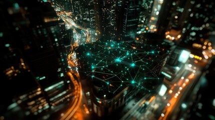 Obraz premium Night city aerial view, network connections, glowing building, urban landscape, tech concept