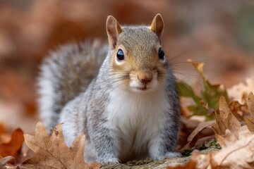 Squirrel amid fallen oak leaves gray fur and alert gaze