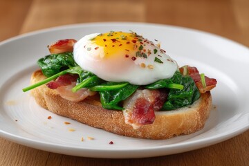 Toast topped with spinach bacon and a poached egg sprinkled with herbs on a white plate