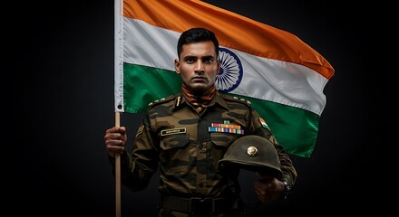 A determined Indian soldier stands proudly, holding the national flag, with helmet.