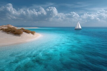Fototapeta premium Tropical island scene with a sailboat clear turquoise water and a white sand beach under a cloudy sky