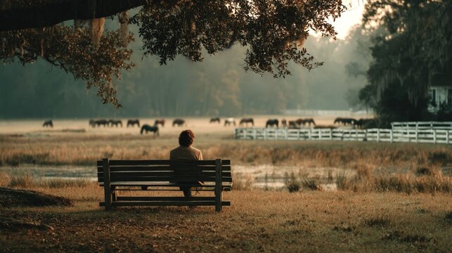 Young man enjoys tranquility while observing grazing horses in a peaceful pasture