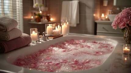 Cozy bath with rose petals and candles for a romantic evening retreat