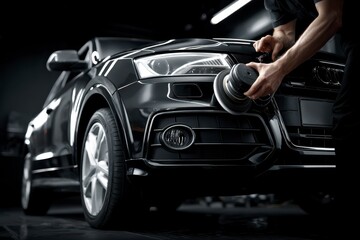 Fototapeta premium Polishing a black SUV in a dark garage