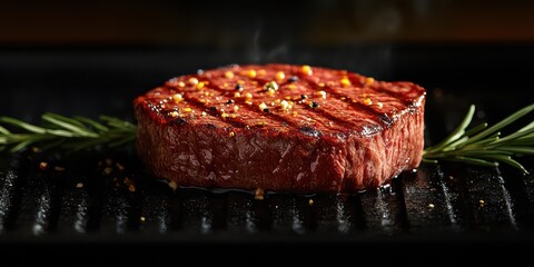 Juicy steak grilled to perfection with herbs and spices on a hot grill