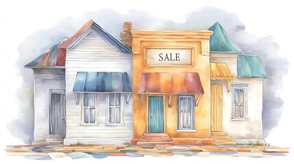 Recession and small business concept, A charming row of colorful houses with a sale sign inviting potential buyers.