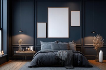 Dark, moody bedroom with framed art