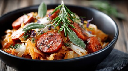 Fototapeta premium Bigos. A hearty Polish hunter’s stew made with sauerkraut, fresh cabbage, chunks of pork, smoked sausage, and spices. rich, warming, and slow-cooked to perfection.