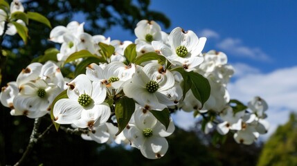 Fototapeta premium White Dogwood blossoms, sunny garden, blue sky, spring